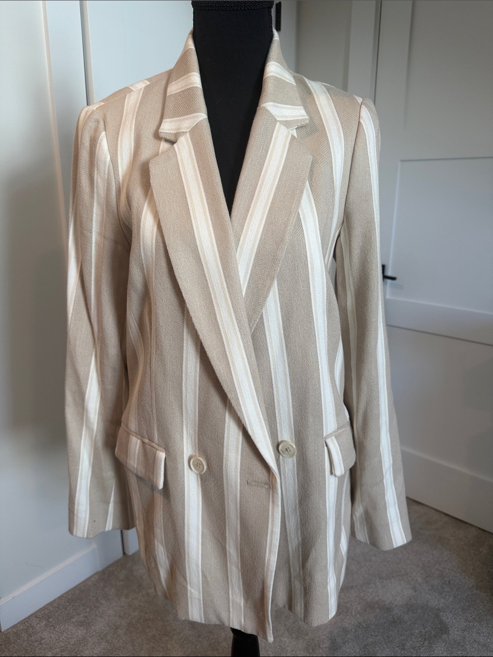 Free People Beige and White Striped Double-Breasted Blazer